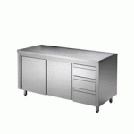 MEUBLE BAS EN INOX ECO AVEC PORTES COULISSANTES ET 3 TIROIRS 18X6