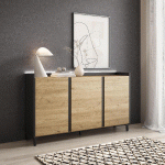 SKRAUT HOME - BUFFET EFFET BOIS DE CHÊNE ET NOIR 156X35X91CM AVEC PIEDS