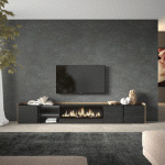SKRAUT HOME - MEUBLE TV EFFET BOIS NOIR ET CHÊNE 315X35X50CM CHEMINÉE EFFET FEU XXL