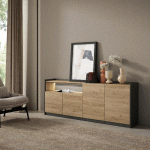 SKRAUT HOME - BUFFET EFFET BOIS DE CHÊNE ET NOIR 207X37X80CM AVEC LED