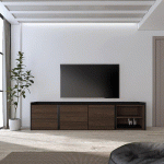 SKRAUT HOME - MEUBLE TV EFFET BOIS DE CHÊNE FONCÉ ET NOIR 207X35X50CM