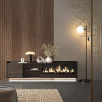 SKRAUT HOME - MEUBLE TV EFFET BOIS DE CHÊNE ET NOIR 212X35X50CM CHEMINÉE EFFET FEU