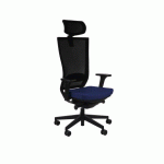 CHAISE DE BUREAU ERGONOMIQUE MARTI TISSU ET MAILLE, AVEC ACCOUDOIRS 3D ET APPUI-TÊTE, MÉCANISME SYNCHRONE, PIEDS NOIRS - BLEU FONCÉ