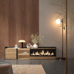 SKRAUT HOME - MEUBLE TV EFFET BOIS DE CHÊNE ET NOIR 212X35X50CM CHEMINÉE EFFET FEU