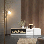 SKRAUT HOME - MEUBLE TV EFFET BOIS BLANC ET CHÊNE 212X35X50CM CHEMINÉE EFFET FEU XXL