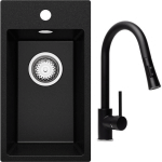 VIER CUSINE EN GRANIT 28X50 CM LAVABO CUISINE 1 BAC + KIT DE VIDAGE + ROBINET, ÉVIER AU MEUBLE 30CM ÉVIER À ENCASTRER DE PRIMAGRAN NOIR - BLACK