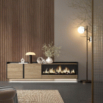 SKRAUT HOME - MEUBLE TV EFFET BOIS DE CHÊNE ET NOIR 212X35X50CM CHEMINÉE EFFET FEU