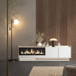 SKRAUT HOME - MEUBLE TV EFFET BOIS BLANC ET CHÊNE 212X35X50CM CHEMINÉE EFFET FEU XXL