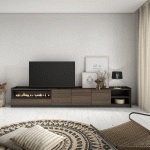 SKRAUT HOME - MEUBLE TV, BANC TÉLÉ, 310X50X37 CM, POUR LES TV JUSQU'À 80, CHEMINÉE ÉLECTRIQUE, CHÊNE FONCÉ ET NOIR