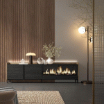 SKRAUT HOME - MEUBLE TV EFFET BOIS NOIR ET CHÊNE 212X35X61CM CHEMINÉE EFFET FEU XXL