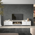 SKRAUT HOME - MEUBLE TV EFFET BOIS BLANC ET CHÊNE 315X35X61CM CHEMINÉE EFFET FEU XXL