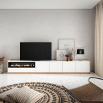 SKRAUT HOME - MEUBLE TV, BANC TÉLÉ, 310X50X37 CM, POUR LES TV JUSQU'À 80, CHEMINÉE ÉLECTRIQUE, BLANC ET CHÊNE SOFT