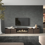 SKRAUT HOME - MEUBLE TV EFFET BOIS DE CHÊNE ET NOIR 315X35X50CM CHEMINÉE EFFET FEU