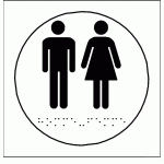 LOT DE 2 - PLAQUE EN RELIEF ET BRAILLE TOILETTES HOMMES ET FEMMES - DIAM 10CM - BLANC